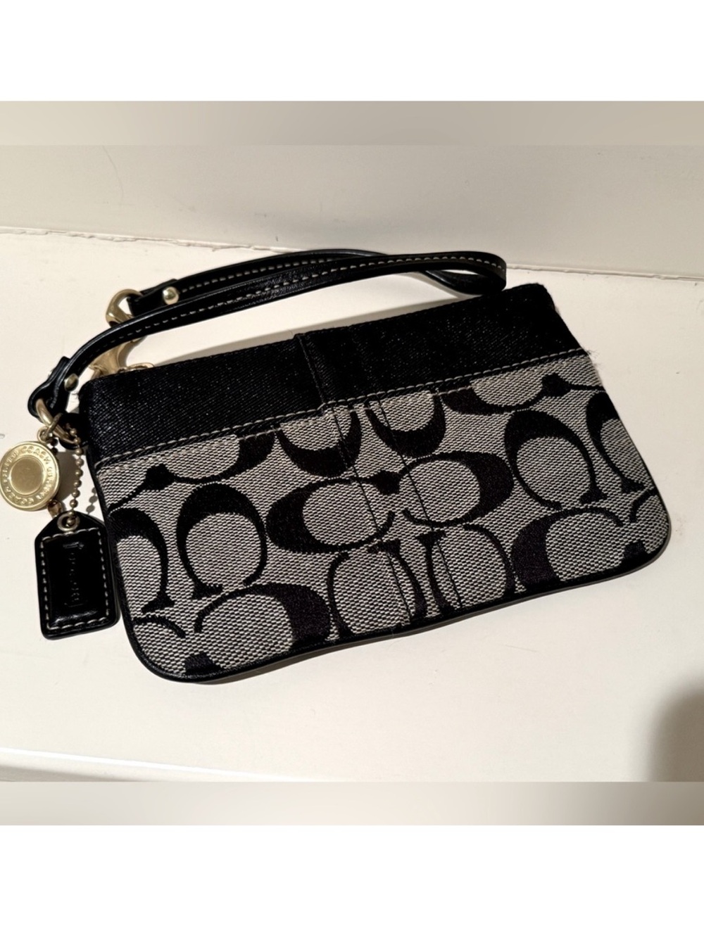 Coach Signature Jacquard Stripe Black Gray Wristlet